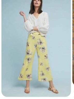 Anthropologie Yellow Floral Wide-Leg Pants